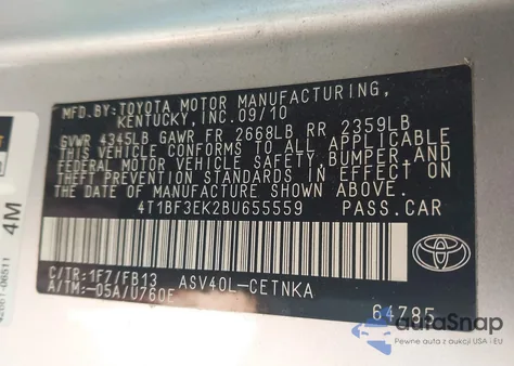 2011 Toyota Camry Le из США, поврежденный, VIN 4T1BF3EK2BU655559